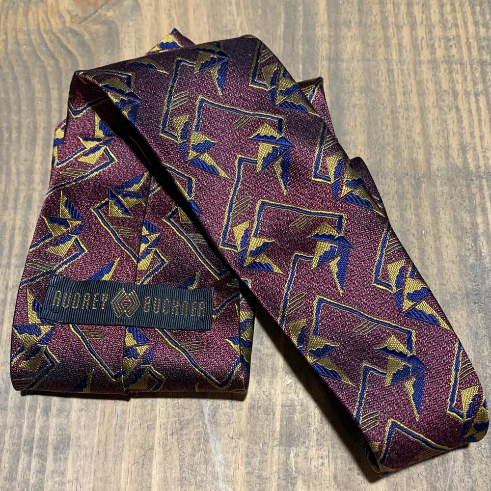 Audrey Buckner Mens Silk Tie Burgundy Geometric Abstract Rare Vintage Retro 90s